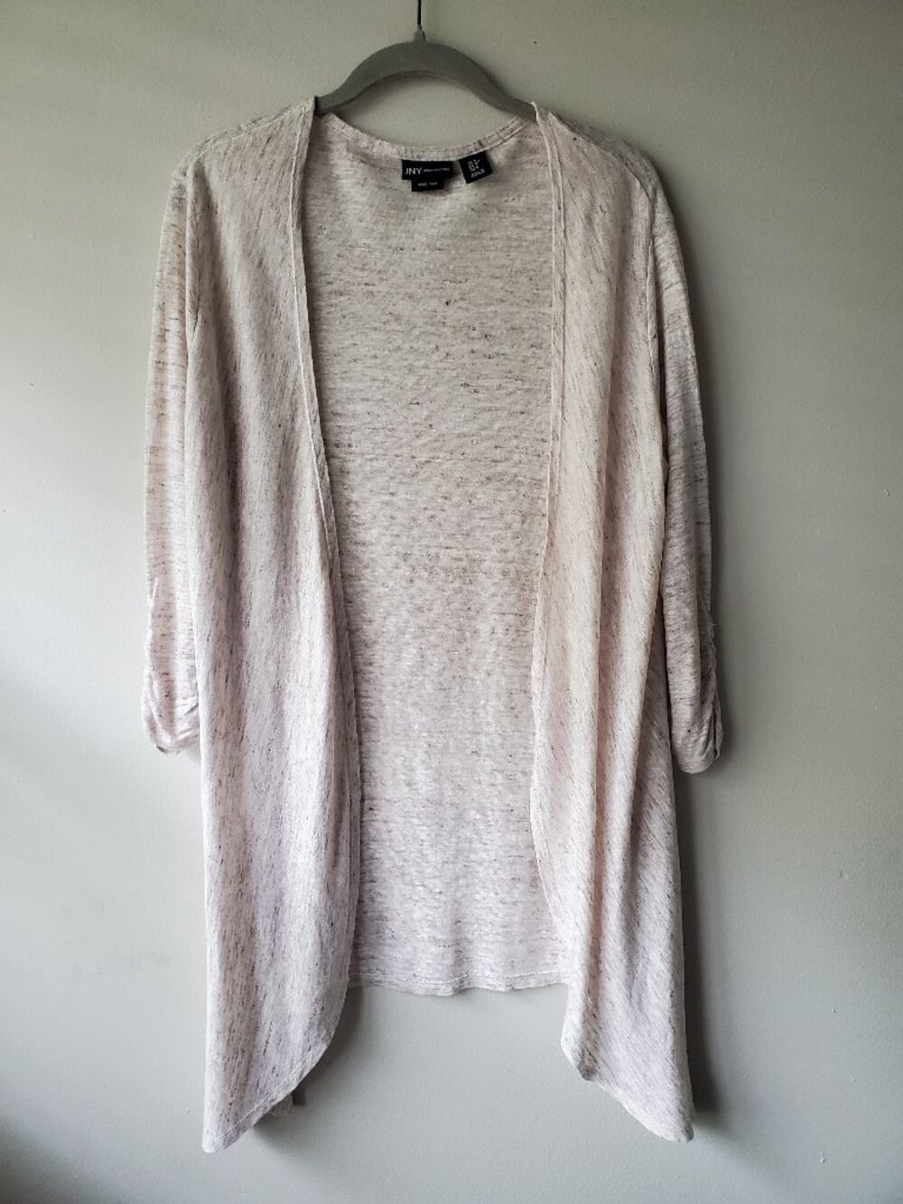 Jones New York 100% Linen 3/4 Cinched Sleeve Open Cardigan Sweater Oatmeal S